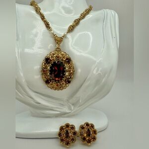 Vintage West Germany Gold Filigree Pendant Necklace Amber Rhinestones & Earrings